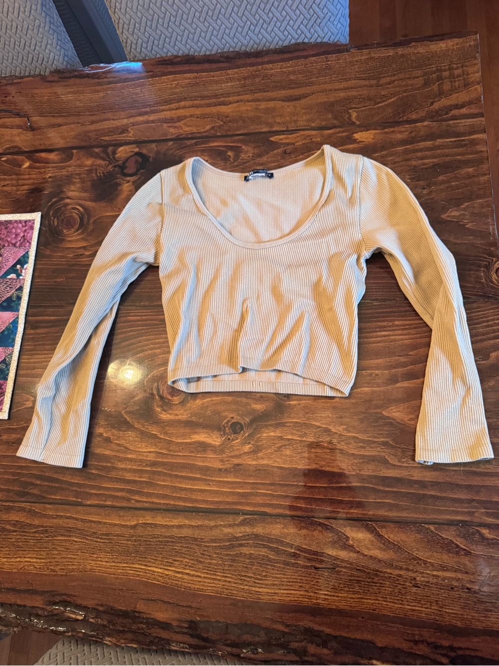 Zara Ribbed Scoop-Neck 3/4 Sleeve Crop Top - Beige